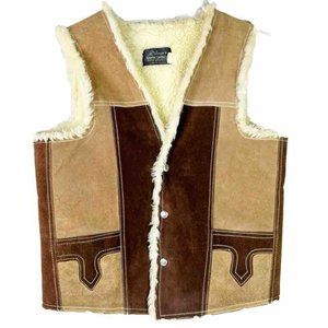 VTG Silver's Two-toned Leather Sherpa Snap Vest Sz 38 (L/XL?) Mexico GUC